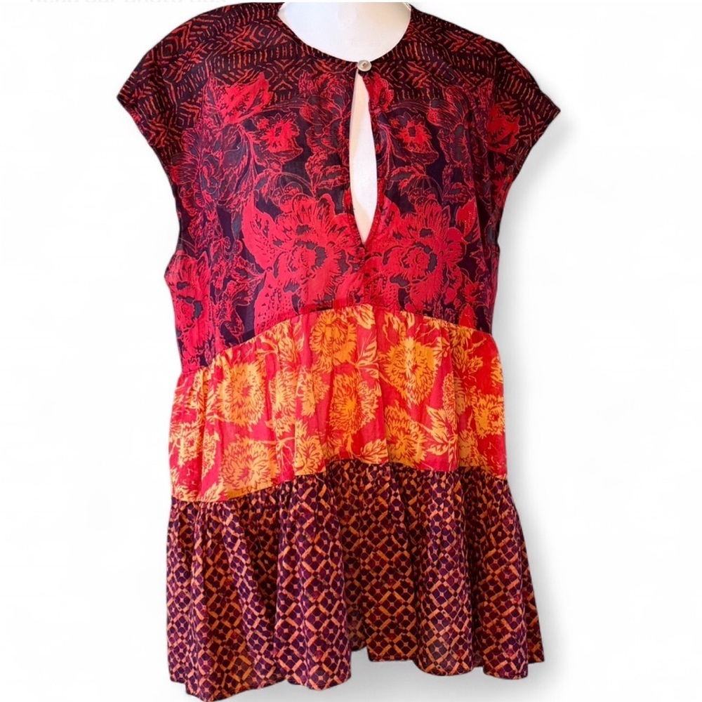 Free People Mixed Print Boho Babydoll Tunic Top Medium Cotton